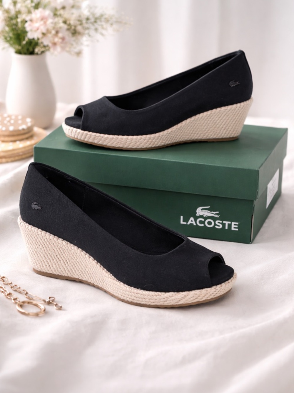 Lacoste Calavante Black Wedge Espadrilles Size 8 NWT | Canvas | Rope Sole